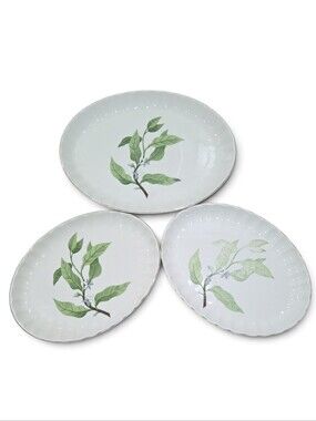 Vintage W.S George Bolero White Dinner Platters with Green Botanical Leaf Design
